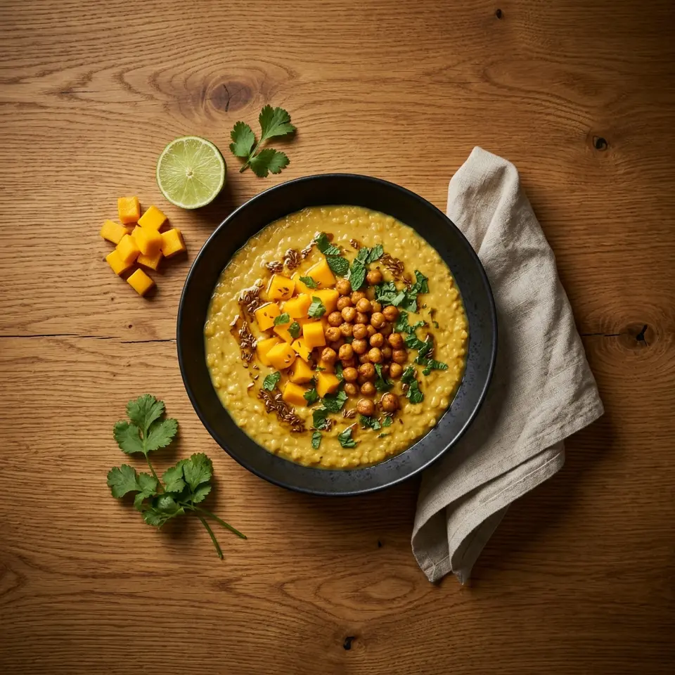 Fruchtiges Mango-Kokos-Dal mit Tarka & Crunch