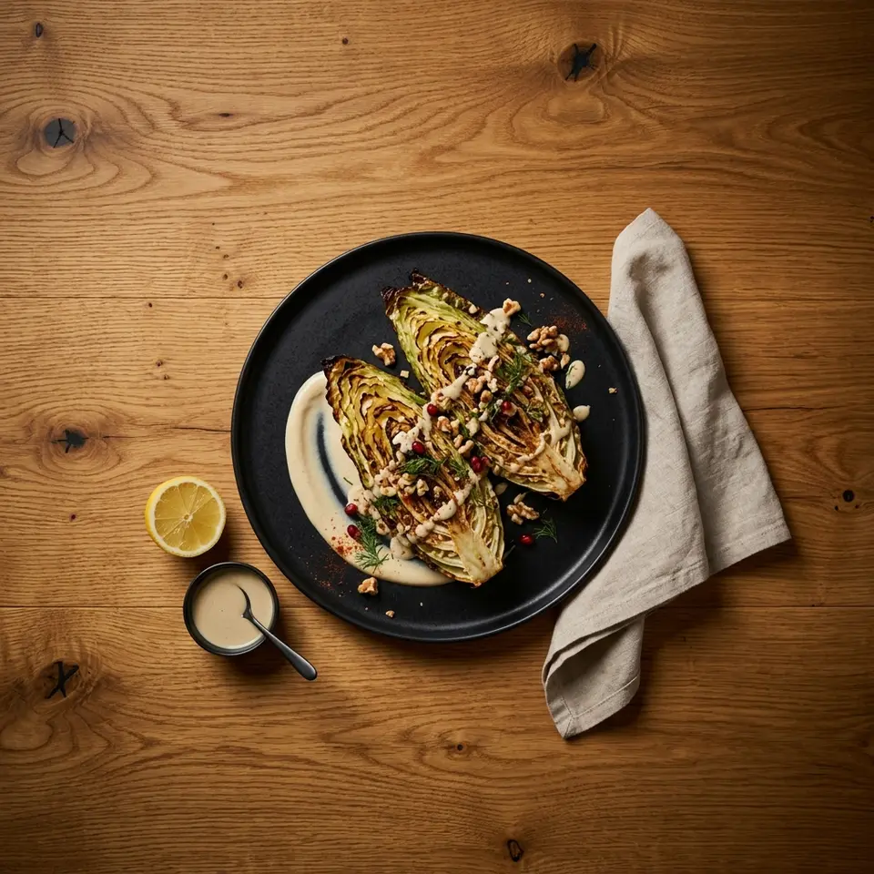 Spitzkohl aus dem Ofen mit Tahin-Senf-Sauce